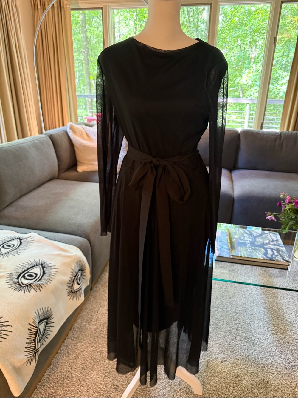 Anne Klein Anne Elegant Black Long-Sleeve Sheer Midi Dress with Waist Tie